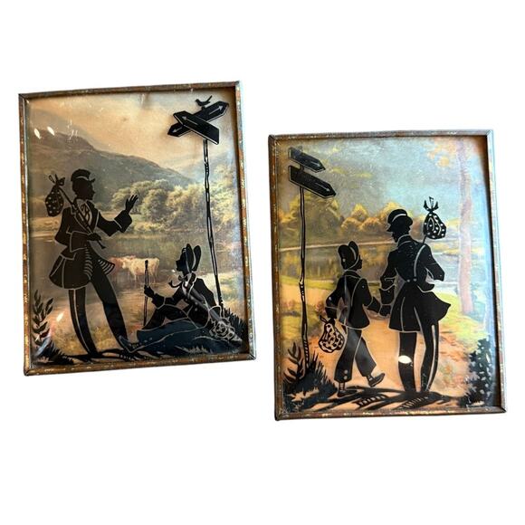 None Other - Set of 2 Vintage Reverse Painted Silhouette Domed Convex Glass Pictures 5"x4"